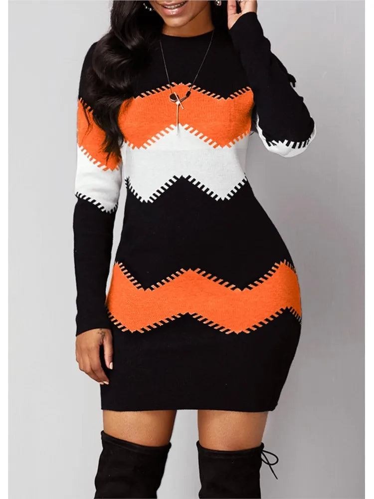 Winter Women Fashion Print Slim Dress Female Long-sleeve O-neck Elegant Bodycon