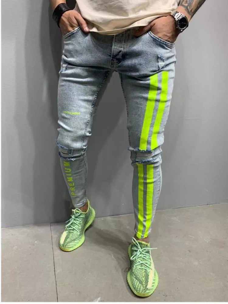 New Fashion Streetwear Men Jeans Vintage Blue Color Thin Destroyed Ripped