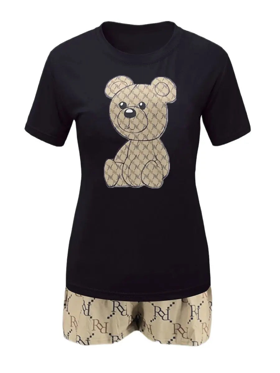 LW Geometric Bear Print Shorts Set O Neck Short Sleeve Basic T-shirt+Mixed Print Hipster Bottoms Two Pieces Women/Men 2PCs