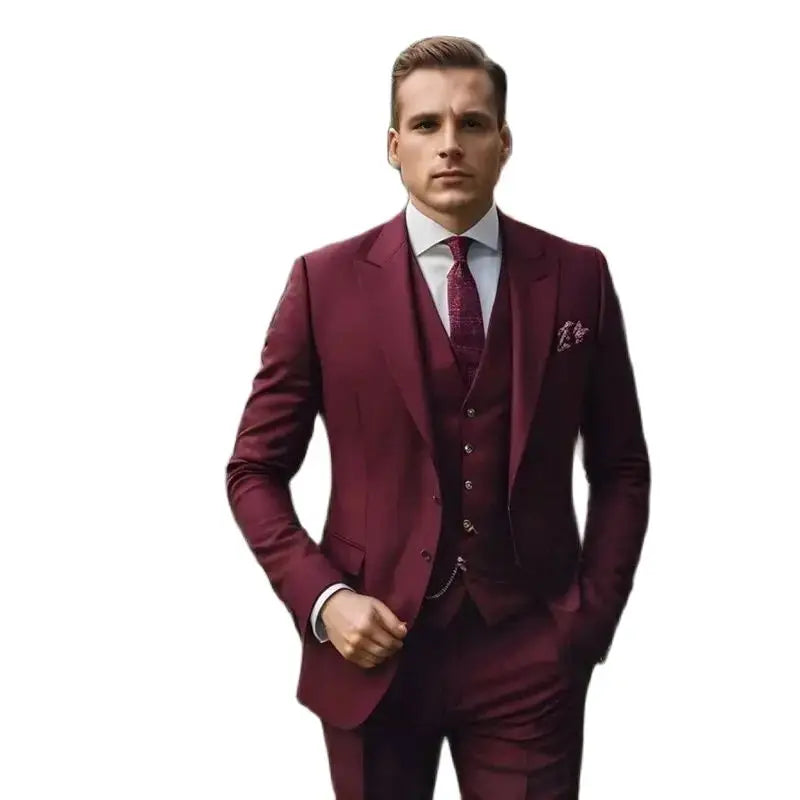 STEVDITG Burgundy Men Suits Single Breasted Peaked Lapel Flat Regular Length Wedding Blazer Luxury 3 Piece Jacket Pants Vest