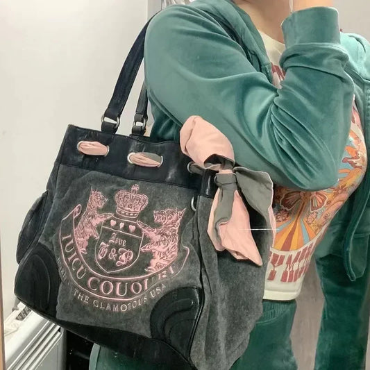 Y2K Women Gothic Black Embroidery Velvet Shoulder Bag Vintage Aesthetic Designer Luxury Handbags Pink Tote Bags Big Purses Women