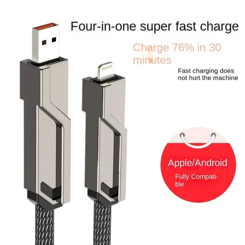 4-in-1 60W Fast Charging & Data Sync] Flat Braided Anti-Tangle Charger Cord with Velcro