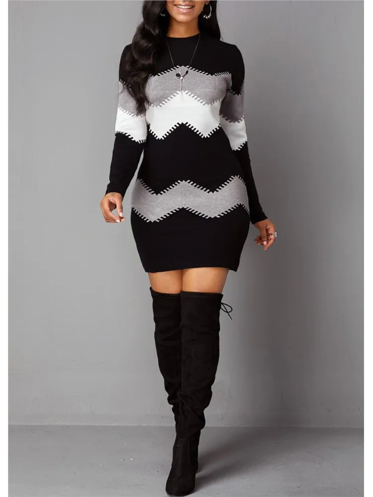 Winter Women Fashion Print Slim Dress Female Long-sleeve O-neck Elegant Bodycon