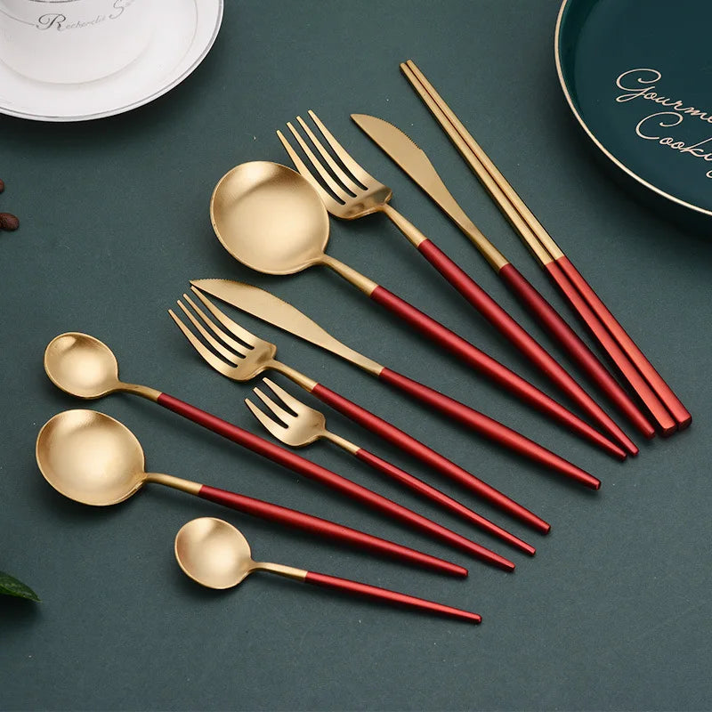 Gift Box Luxury Copper stainless steel cutlery set rose gold flatware spoon and fork knifes 18/8 Chopsticks Set Dropshipping