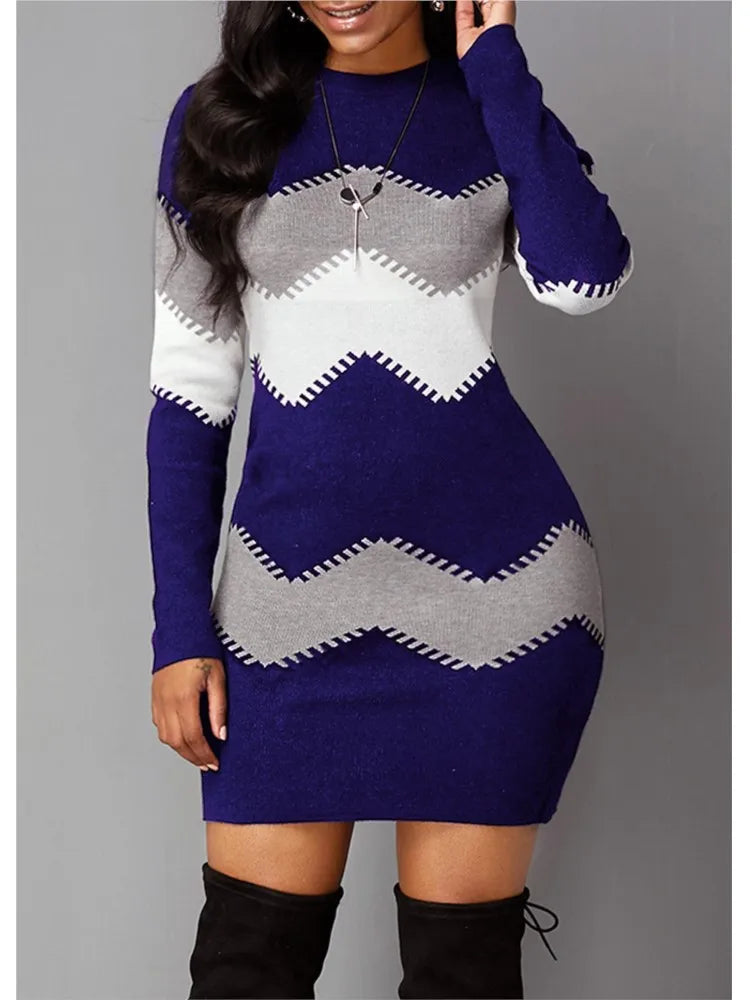 Winter Women Fashion Print Slim Dress Female Long-sleeve O-neck Elegant Bodycon