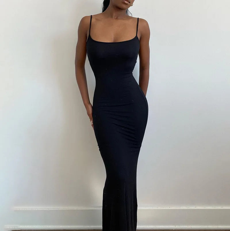 2024 Summer Dresses For Women Sexy Spaghetti Strap Black Long Dress Y2k Sleeveless Solid Skinny Bodycon Trumpet Maxi Vestidos