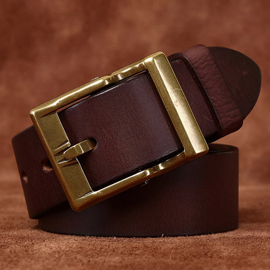 3.8 Cm Wide High Quality Genuine Leather Belt Men's Retro Thickened First Layer Pure Cowhide Brass Buckle Jeans Luxury Male Belt