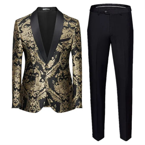 New Men Jacquard Suit 2 Piece Black / Blue / Red Fashion Men's Luxury Business Wedding Prom Party Dress Blazer