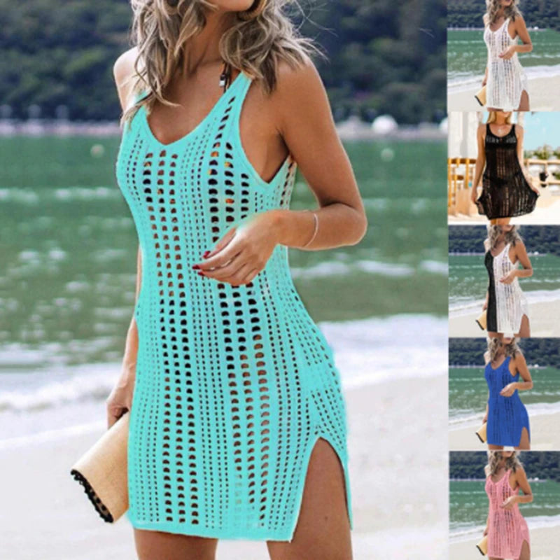 Beach Dress Women V Neck Sleeveless Crochet Swimsuit Cover Up