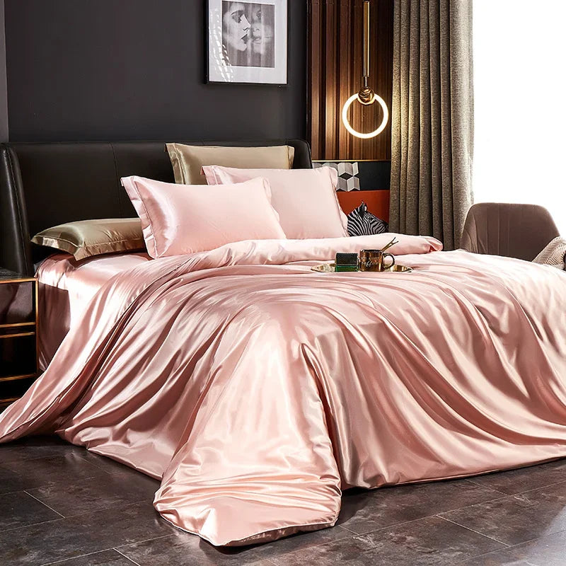 Solid Silk Bedding Set with Duvet Cover Bed Sheet Pillowcases Luxury Satin Single Double Bedsheet King Queen Twin Size