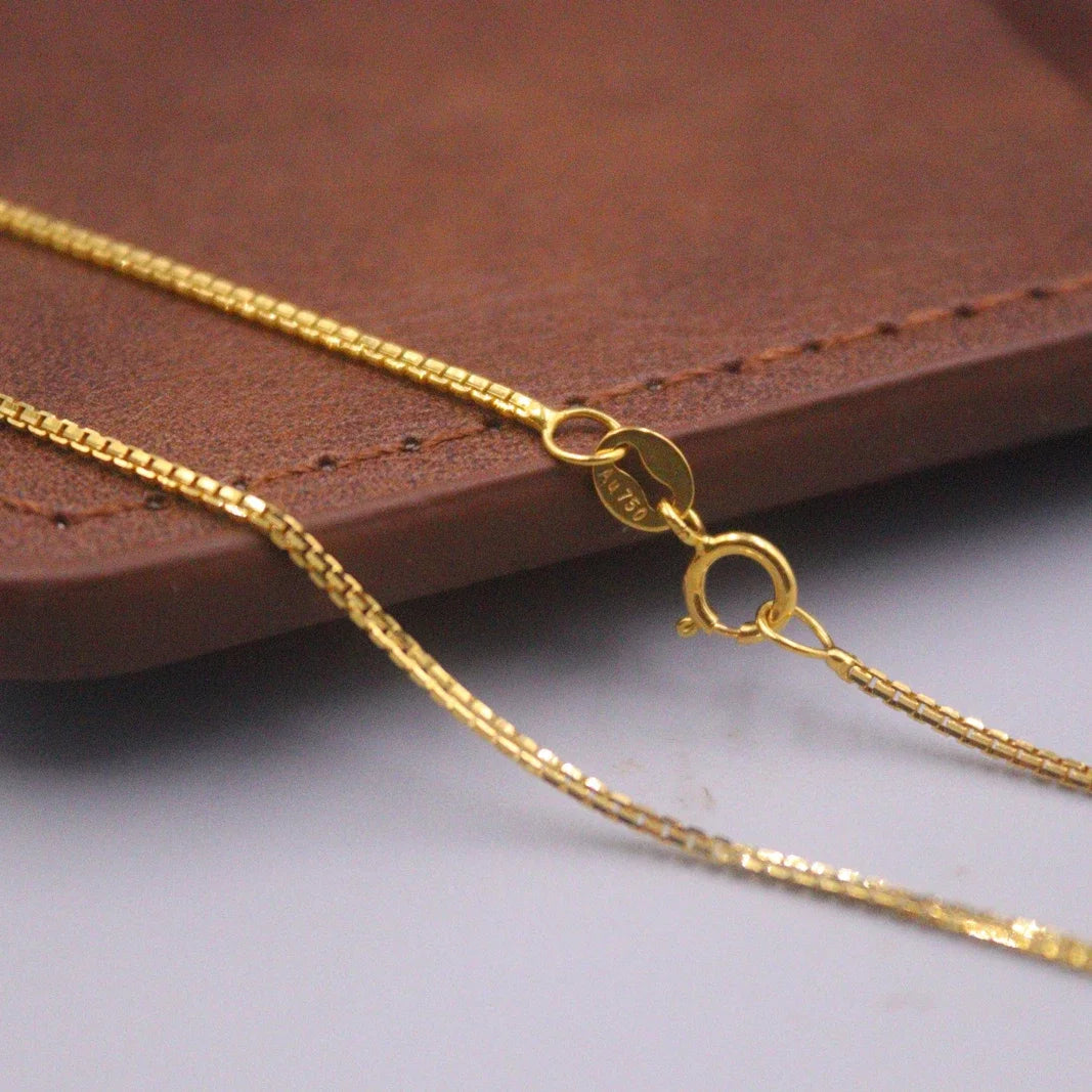 Au750 Real 18K Yellow Gold Neckalce For Women 1mm Thin Box Link Chain 45cm Length 2.7-2.8g