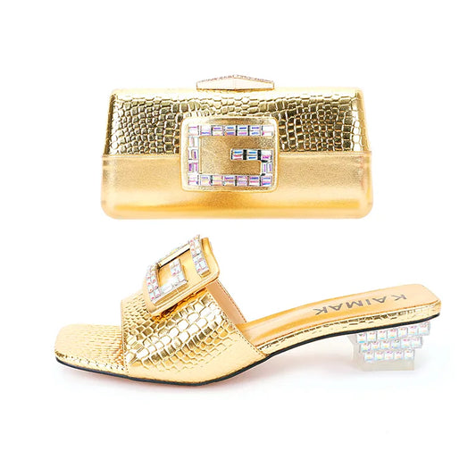 Women Shoes Bag Set For Wedding Party Wholesale Italian Design Crystal Fashion Slippers Red Gold Silver Size 35 to 45