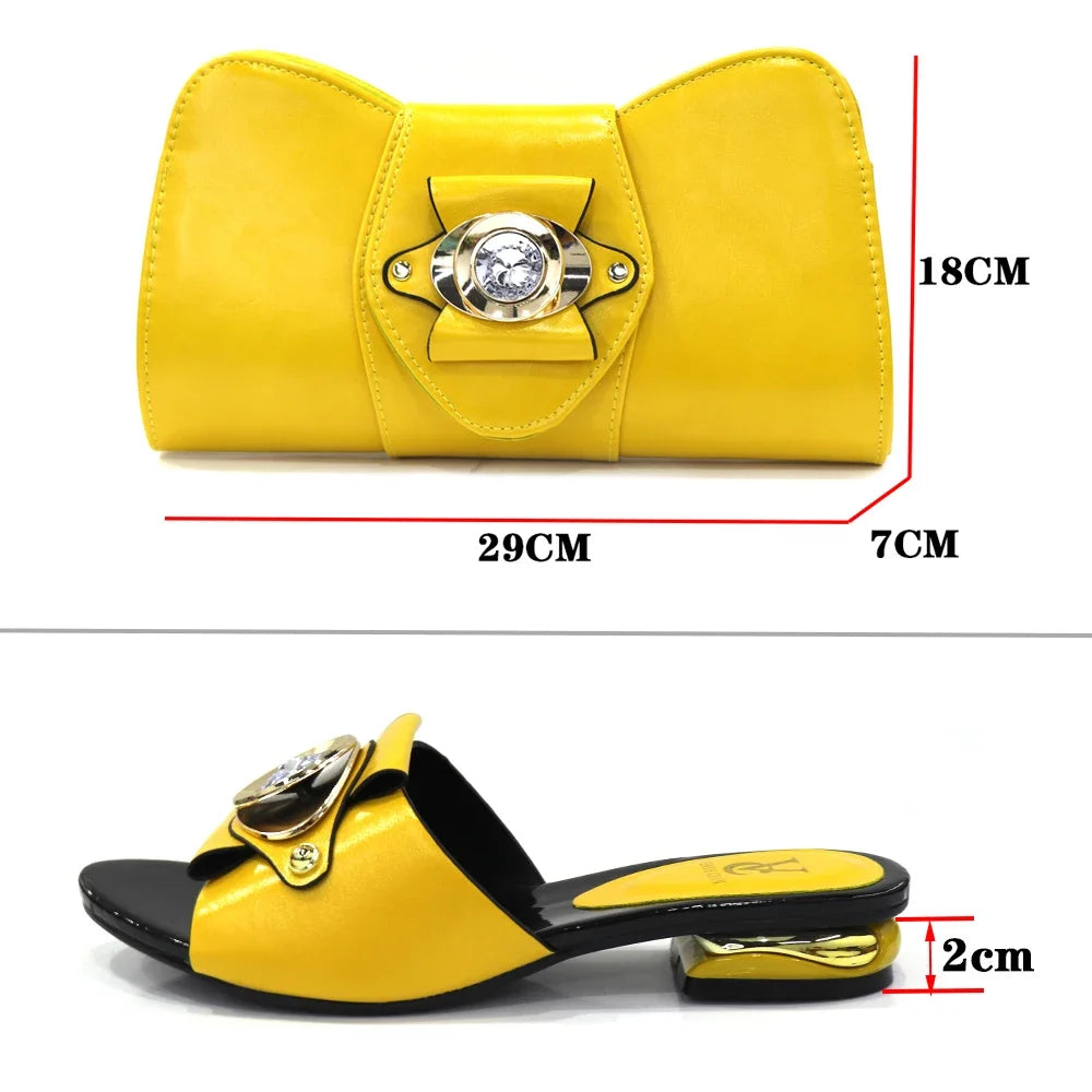 Latest Italian Design Fashion African Women's Low Heel Comfortable Shoes and Bags Set Leather Casual Ladies Slippers