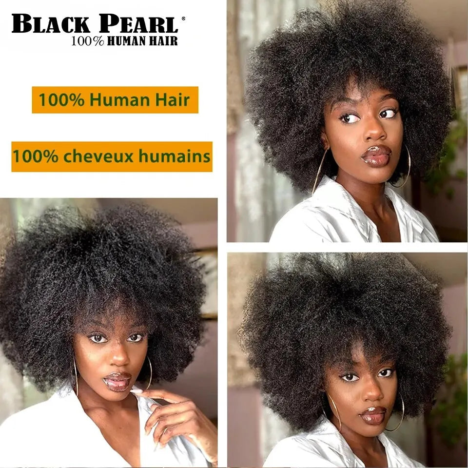 Fluffy Remy Short Afro Kinky Curly Wave Human Hair Wig With Thick Bangs Short Bob Wig Brazilian Human Hair Wigs For Black Women