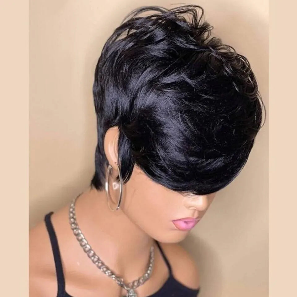 Short Pixie Cut Wigs Full Machine Made Wig With Bangs Dovetail Straight Glueless Remy Human Hair Mullet Wigs For Women