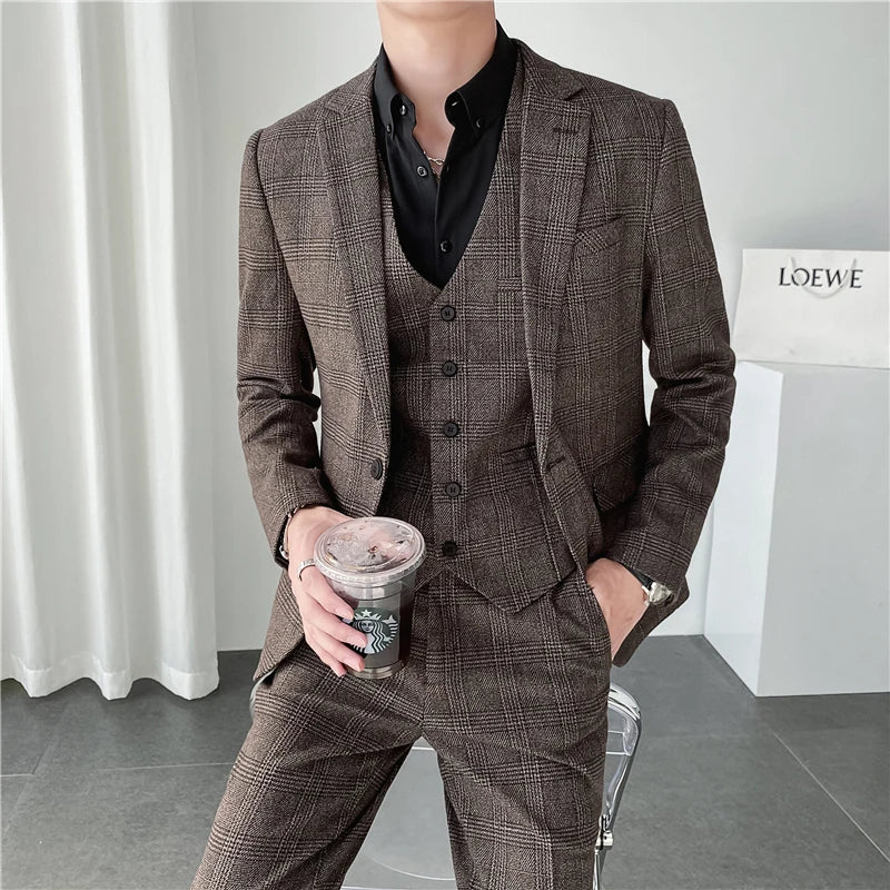 Plus Size S-7XL Blazer Vest Pants Luxury Men Suit 3 Piece Set Fashion Boutique Lattice Groom Wedding Dress Men's Tuxedo Suit