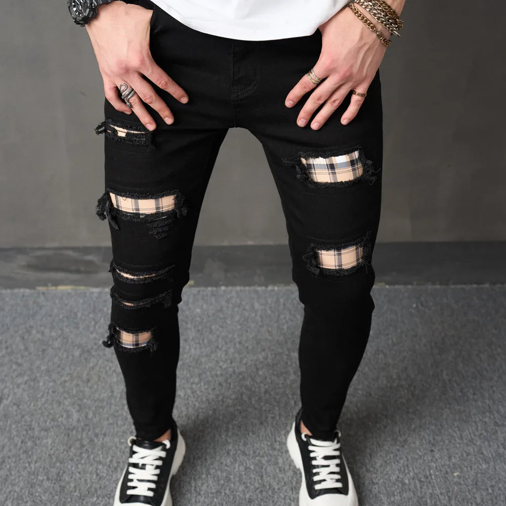 Men New Streetwear Ripped Patch Slim Jeans Trousers Stylish Male Holes Casual Pencil Denim Pants