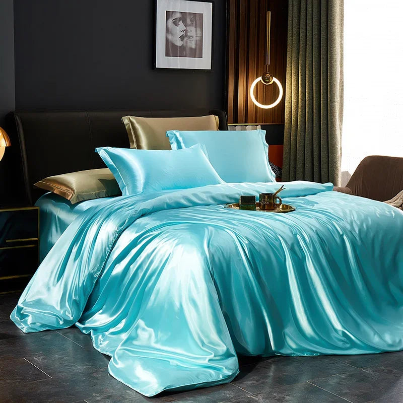 Solid Silk Bedding Set with Duvet Cover Bed Sheet Pillowcases Luxury Satin Single Double Bedsheet King Queen Twin Size