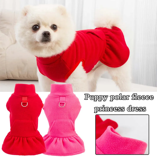 Solid Color High Collar Fleece Pet Dress Pullover For Small Dogs Princess Dress Classic Pockets Hook Dog Clothes Pet Supplies