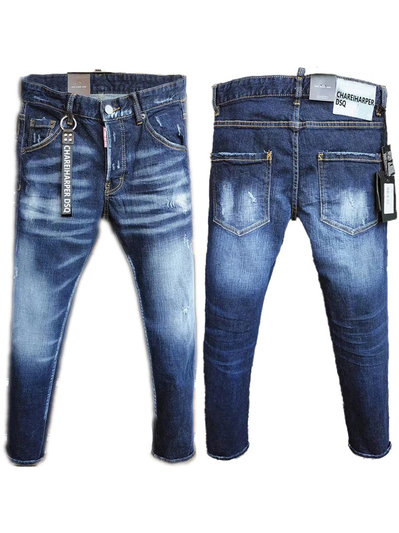 Chareiharper DSQ 9811 Men's Jeans Straight Fit Elastic Cotton Blue Paint