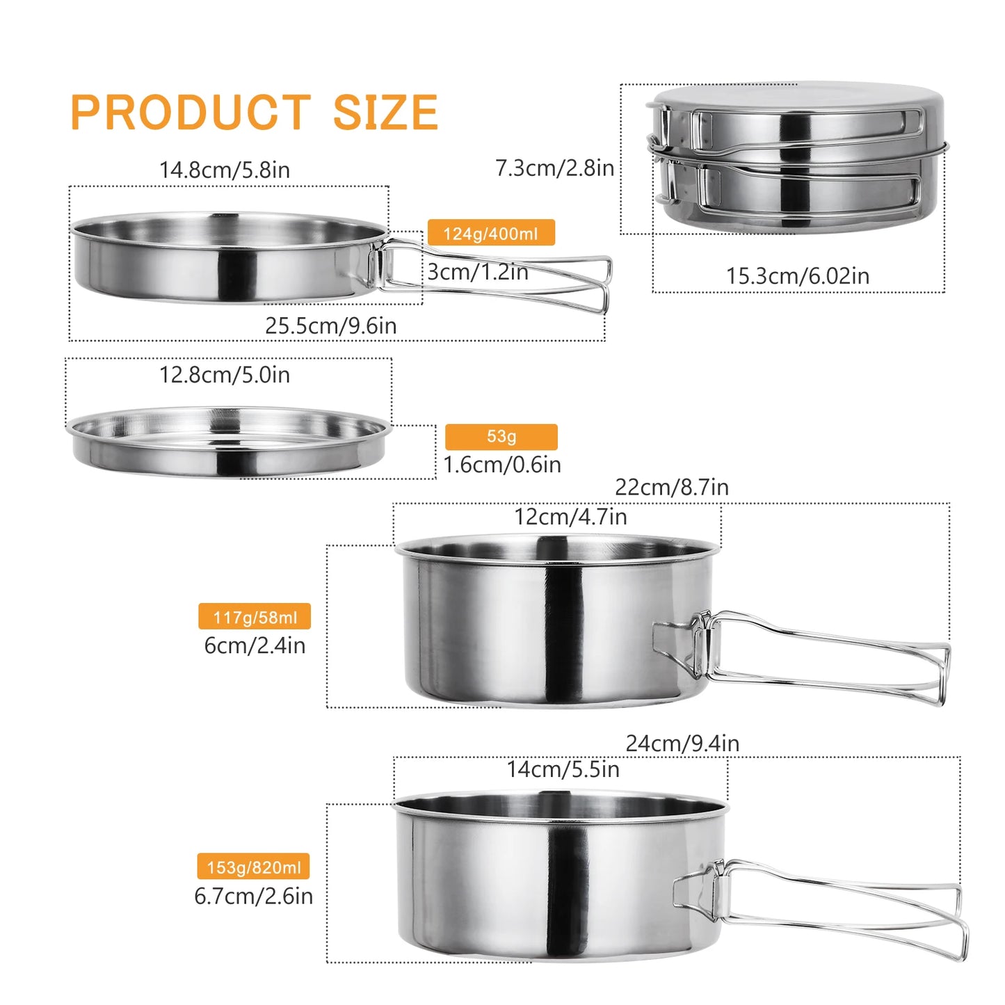 Set Portable Ultralight Cookware Set Stainless-Steel