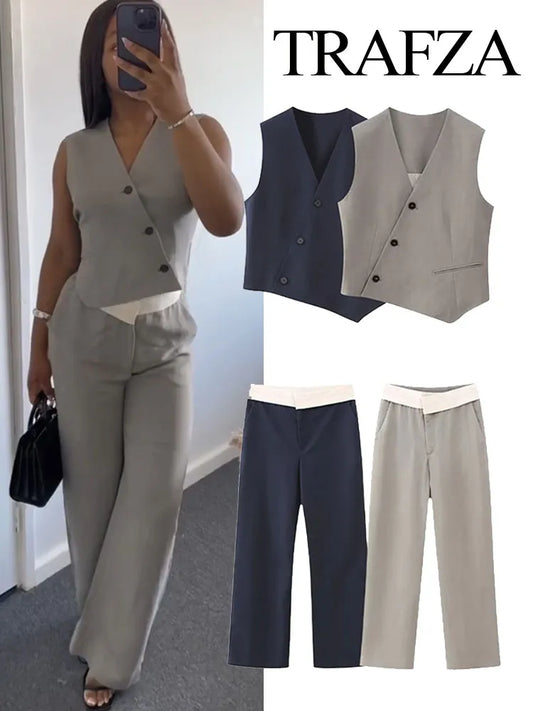 Autumn Women Solid Pants Suit Asymmetric Sleeveless Single Breasted Vest Tops+Casual High Waist Loose Tousers 2 Piece Set