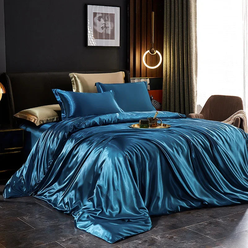 Solid Silk Bedding Set with Duvet Cover Bed Sheet Pillowcases Luxury Satin Single Double Bedsheet King Queen Twin Size