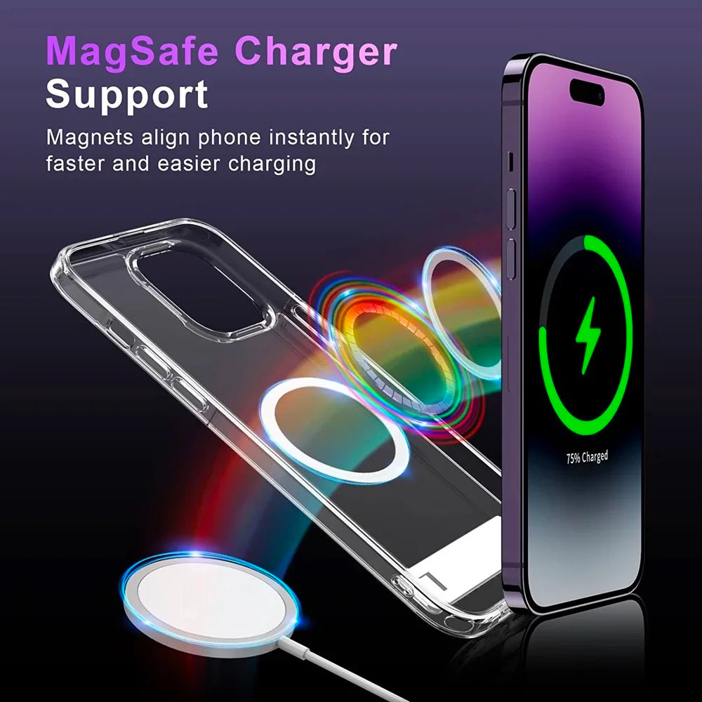 Magnetic Clear Phone Case for Magsafe with Kickstand for iPhone 14 Pro Max 13 12 11 Mini 15 Plus Shockproof Mobile Back Cover