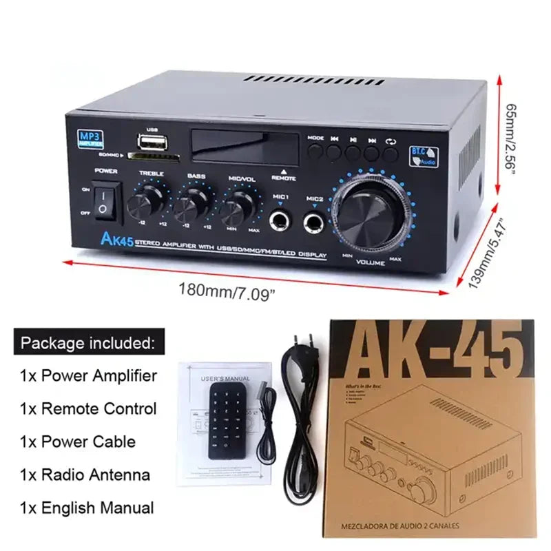 AK45 80W Home Digital Amplifiers Audio Bass Audio 2.0 Channe Power BT Amplifier Hifi FM Music
