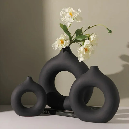 Nordic Vase Circular Hollow Ceramic Donuts Flower Pot Home Living Room Decoration