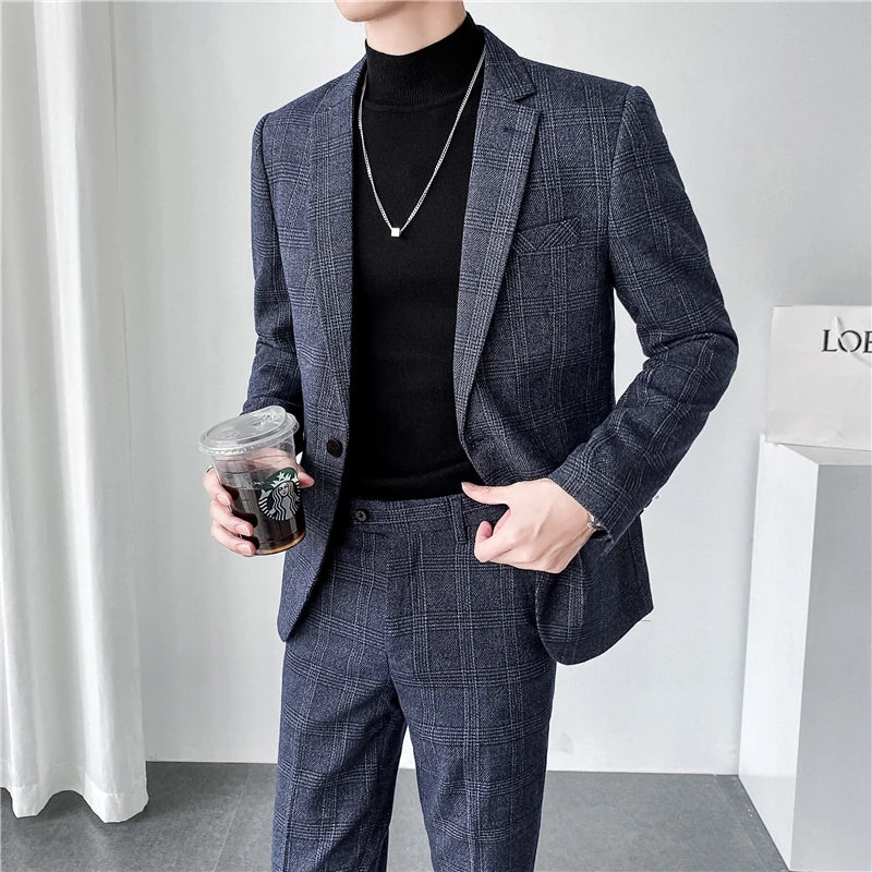 Plus Size S-7XL Blazer Vest Pants Luxury Men Suit 3 Piece Set Fashion Boutique Lattice Groom Wedding Dress Men's Tuxedo Suit