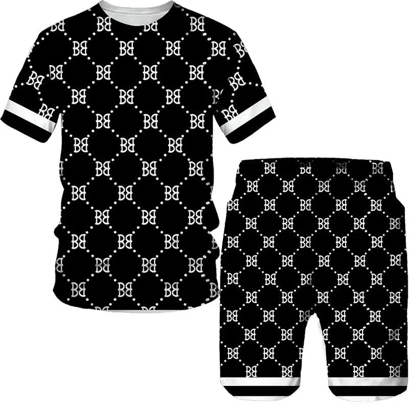 Men's luxury oversized short-sleeved suit T-shirt+shorts 2-piece