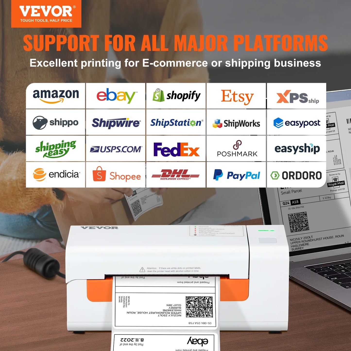 VEVOR Desktop Thermal Label Printer 203dpi USB Label Maker Sticker Shipping Barcode Printer Compatible W/ Windows Mac OS Linux