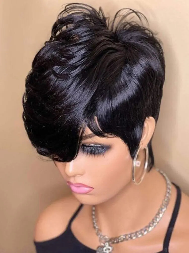 Short Pixie Cut Wigs Full Machine Made Wig With Bangs Dovetail Straight Glueless Remy Human Hair Mullet Wigs For Women