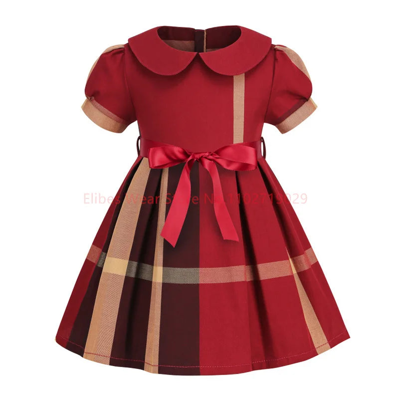 2024 New Arrival Summer Girls Princess Dress Short-Sleeved Cotton Fashion Casual Plaid Clothes Bow Cute Kids Baby Wear 2-7 Years