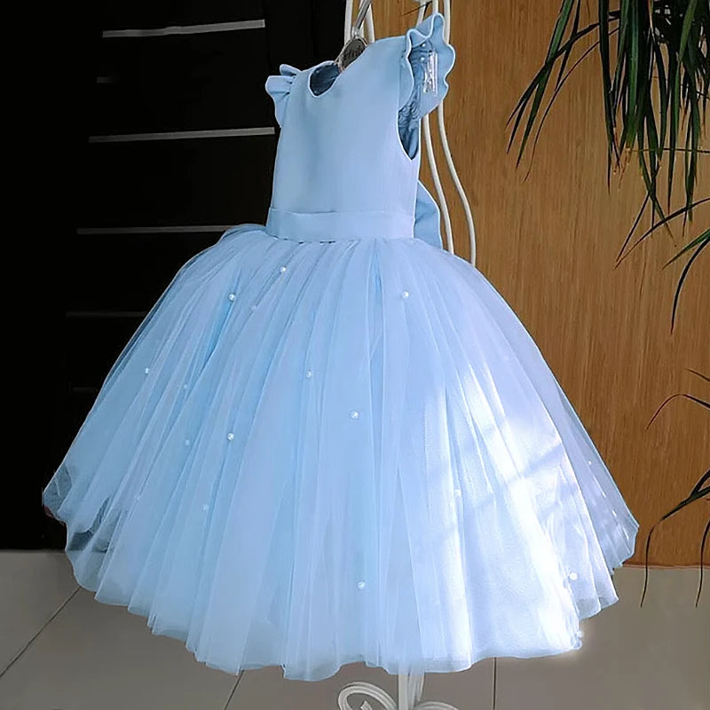 Toddler Girl Flower Birthday Tulle Dress Backless Bow Wedding Gown Kids Party Wear Princess Blue Dress Baby Girl Bowknot Dresses