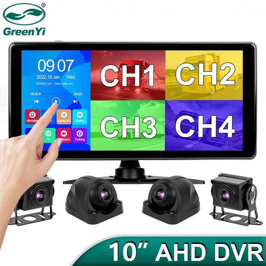 GreenYi 10" AHD 4CH Monitor Recording DVR 1080P Car Rear View Camera