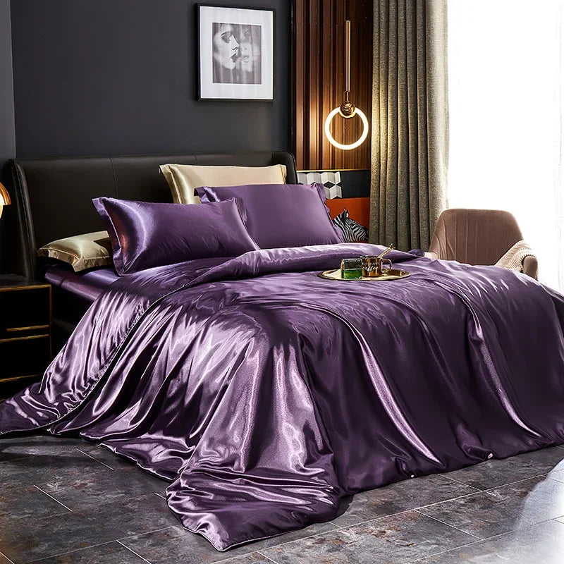 Solid Silk Bedding Set with Duvet Cover Bed Sheet Pillowcases Luxury Satin Single Double Bedsheet King Queen Twin Size