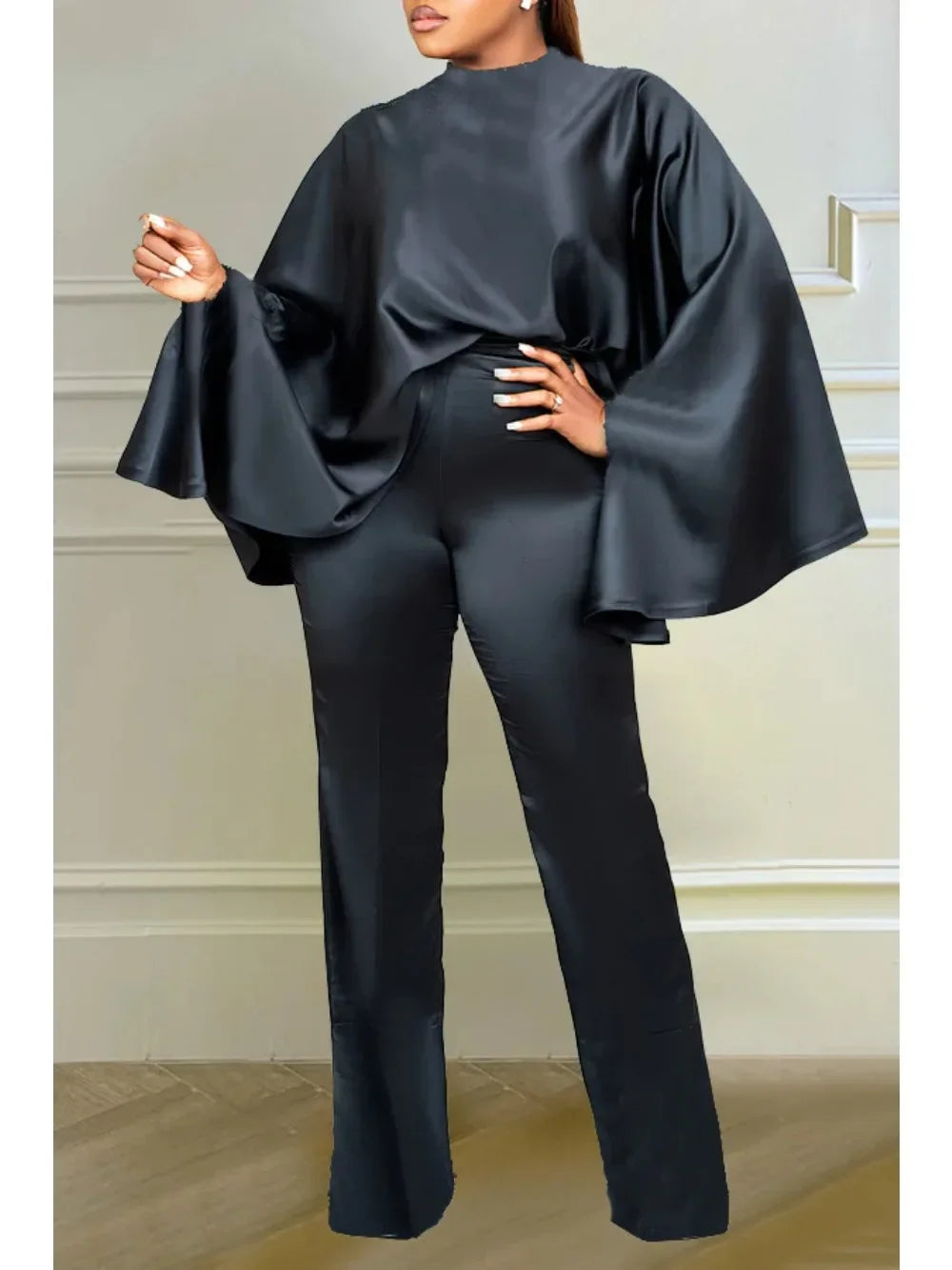 Women Elegant Solid  Loose Batwing Sleeves Top Wide Leg Pants