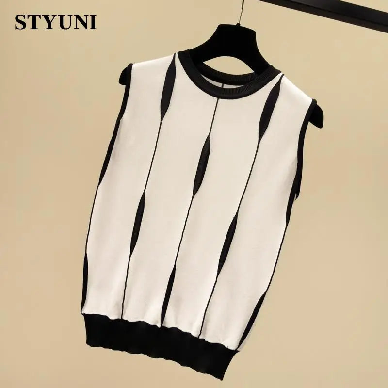 Striped Vintage Chic Round Neck Knitted Sleeveless Women's Vest Korean