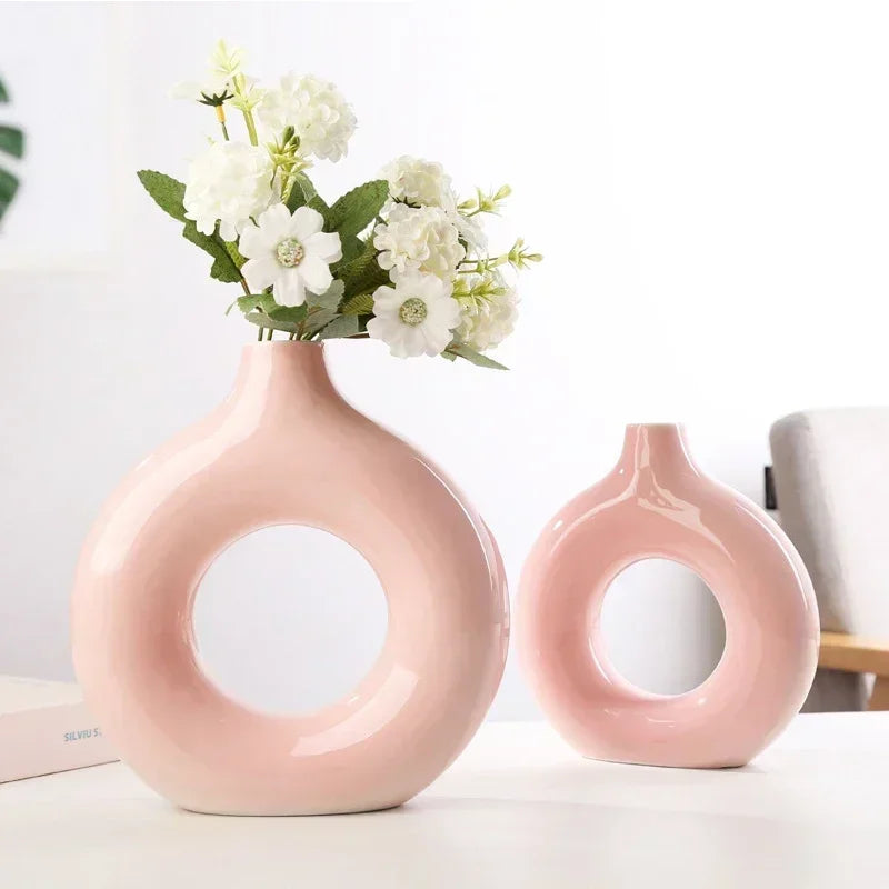 Nordic Vase Circular Hollow Ceramic Donuts Flower Pot Home Living Room Decoration