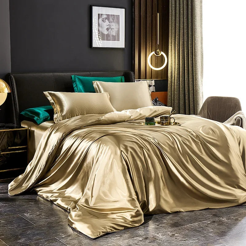 Solid Silk Bedding Set with Duvet Cover Bed Sheet Pillowcases Luxury Satin Single Double Bedsheet King Queen Twin Size