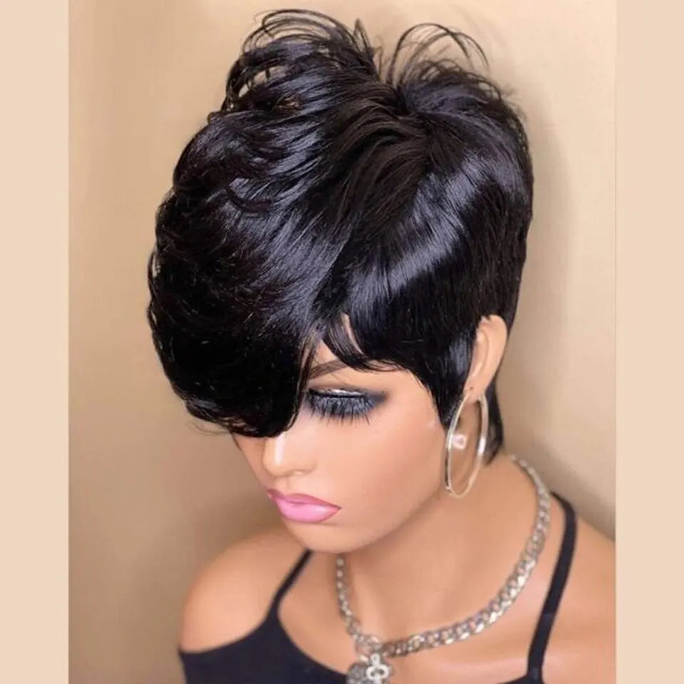 Short Pixie Cut Wigs Full Machine Made Wig With Bangs Dovetail Straight Glueless Remy Human Hair Mullet Wigs For Women