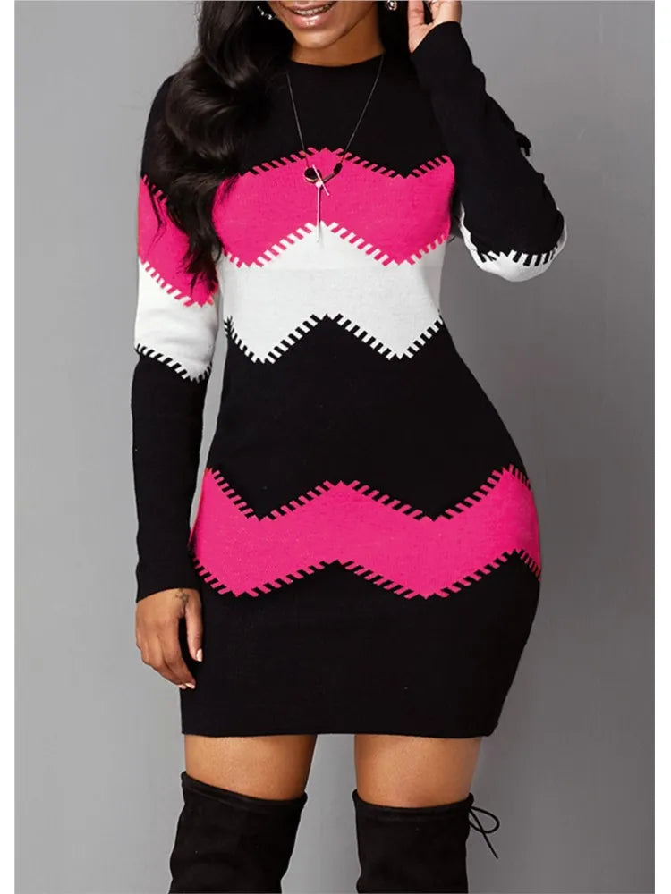 Winter Women Fashion Print Slim Dress Female Long-sleeve O-neck Elegant Bodycon