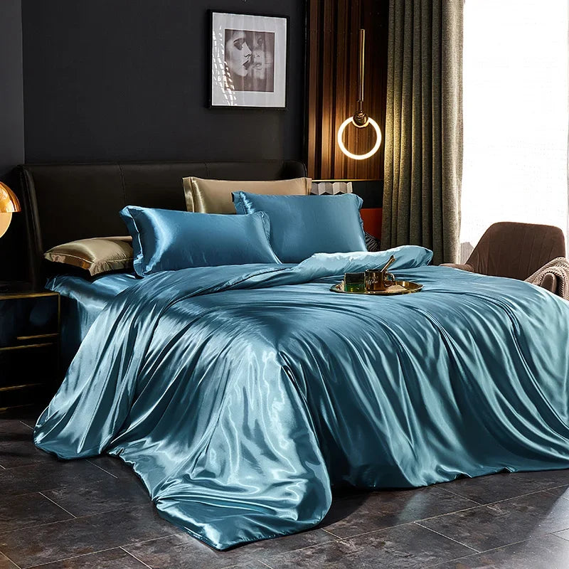 Solid Silk Bedding Set with Duvet Cover Bed Sheet Pillowcases Luxury Satin Single Double Bedsheet King Queen Twin Size