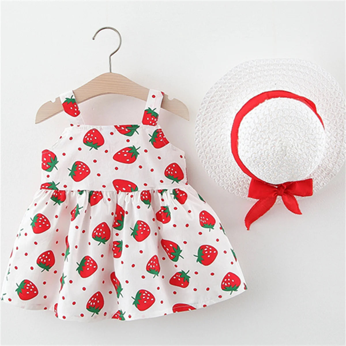 Summer Baby Girl's Dress Small Round Dot Strawberry Print Chest Bow Daily Casual Dress with Hat