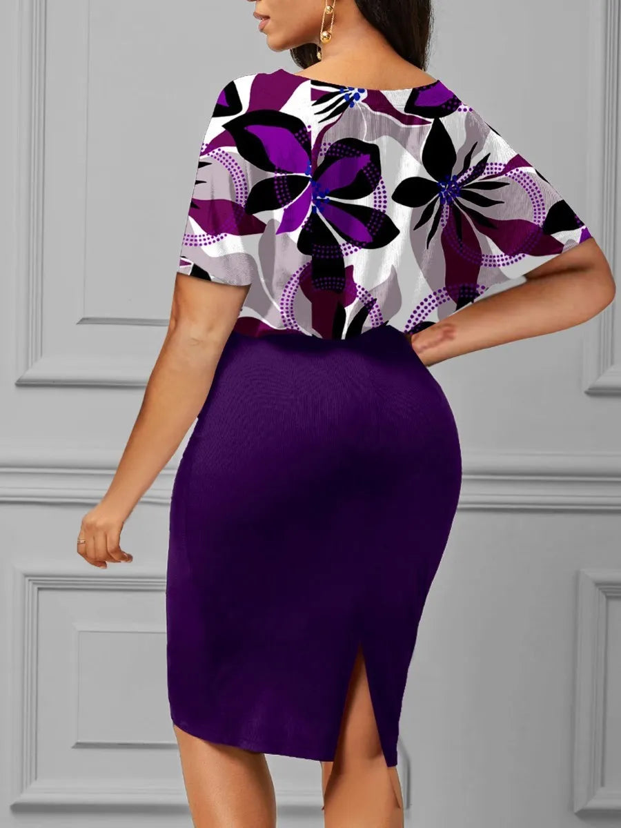 LW Purple Floral Print Boat Neck Ruched Bodycon