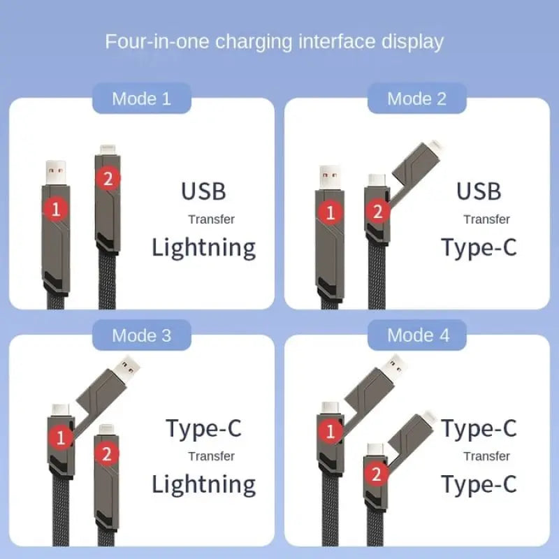 4-in-1 60W Fast Charging & Data Sync] Flat Braided Anti-Tangle Charger Cord with Velcro