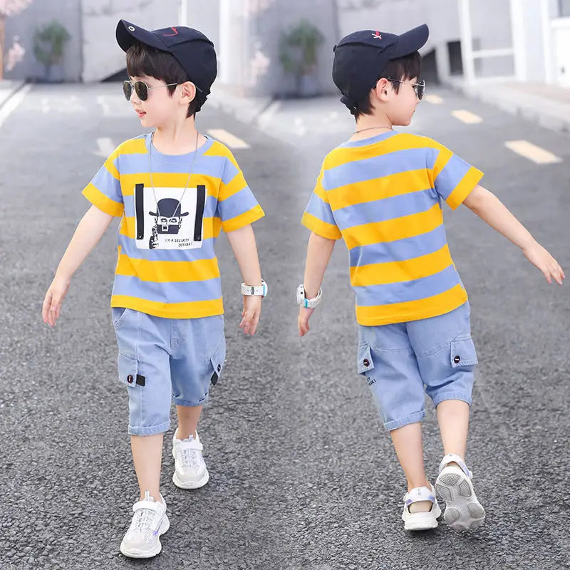 Summer Boys Clothing 2023 Kids Clothes Stripe Cotton T-shirt+Jeans Pant Boy Sets Infant Newborn Clothing 3 4 5 6 7 8 10 12 Years