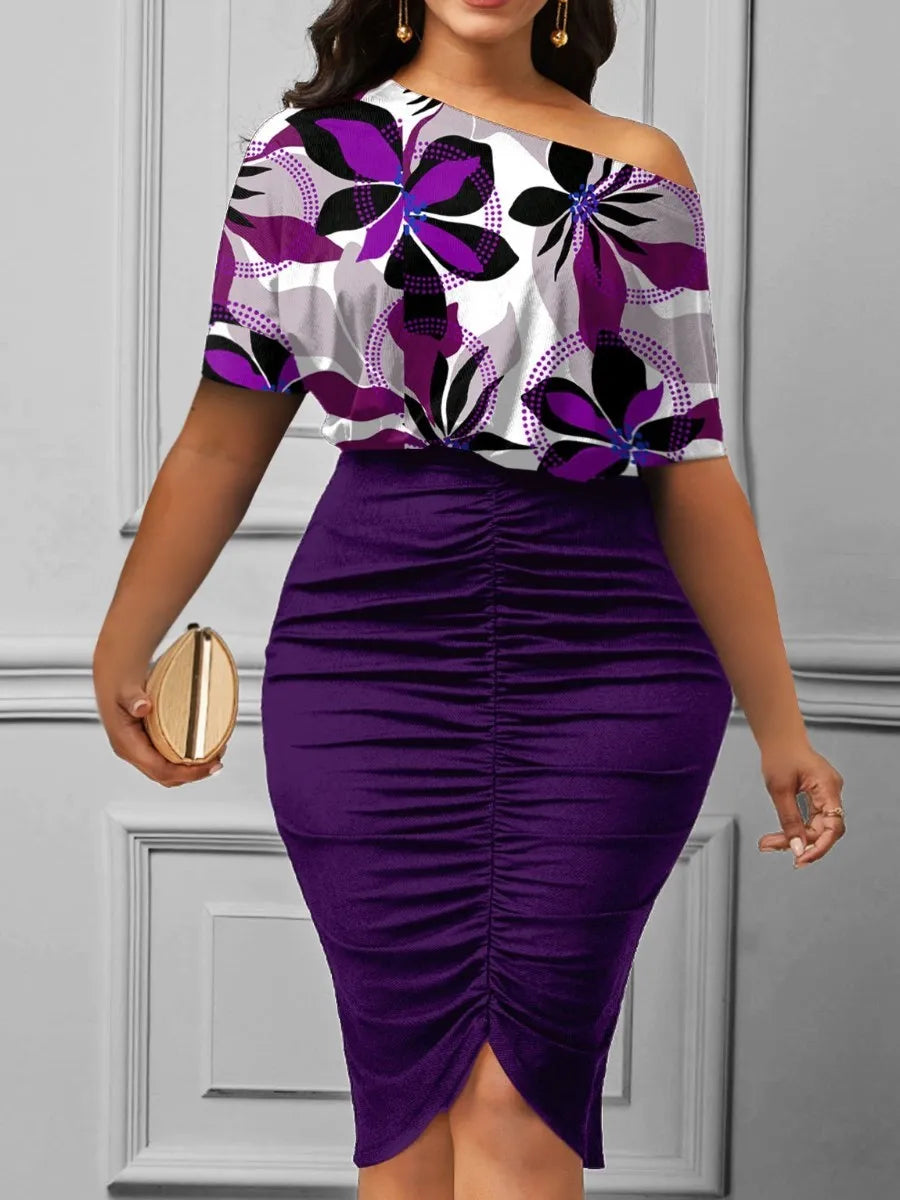 LW Purple Floral Print Boat Neck Ruched Bodycon